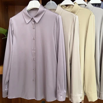  Ženske svilene bluze Košulje-haljine 19 mm od prirodne Svile Шармез s ovratnikom i dugim rukavima na zakopčane Radni uredu Osnovne jednostavne majice