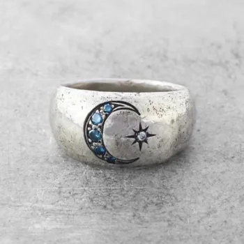  Češka-Srebrne Boje Mjesečine Prsten za žene Plava i bijela CZ Kamen Inlay Retro Modni nakit, Prsten na prst Sunca Casual odjeća Poklon za zabavu