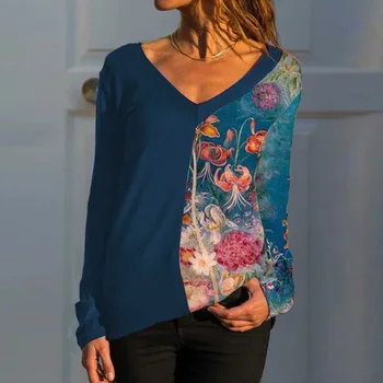  Za žene Svakodnevno V-neck, Patchwork košulja Top Jesen dugi rukav Slobodne ženske bluze Plus Veličina S-5XL Moda majica Blusa Vanjska odjeća