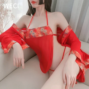  WECI Senzualna Žena Donje Rublje za Seksi Donje rublje Kit Crveni Kostim Nevjesta Kimono s Pupka Transparentno Noći haljina s mokrim izgledom Ogrtač Odijelo