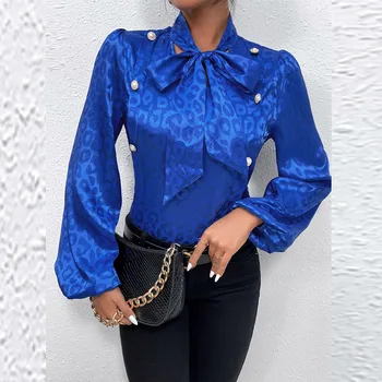  Moda Biserne gumbe Dizajn Majice Pulover Proljeće Za žene luk Košulja dugih rukava Blusas Elegantan Ured Lady Леопардовая plava bluza